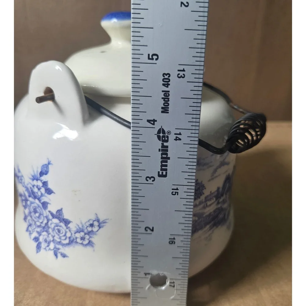 Vintage Blue White Ceramic Teapot Country Scene Windmill Wire Handle Japan Read!